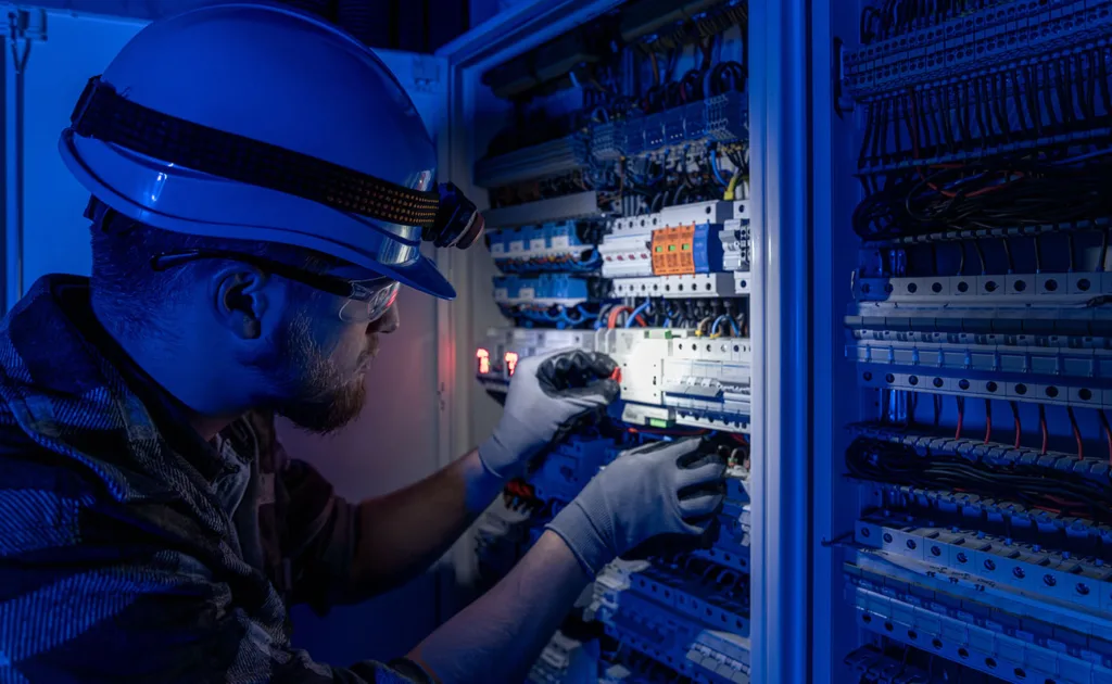Building Management - Reactive Maintenance and Emergency Response, this image shows an engineer working on a circuit fuse board in the dark with a head torch