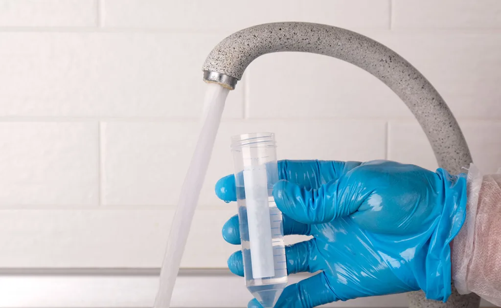 Building Management - Water Hygiene Testing and Compliance, this image shows a hand in blue safety gloves holding a valve under a running tap