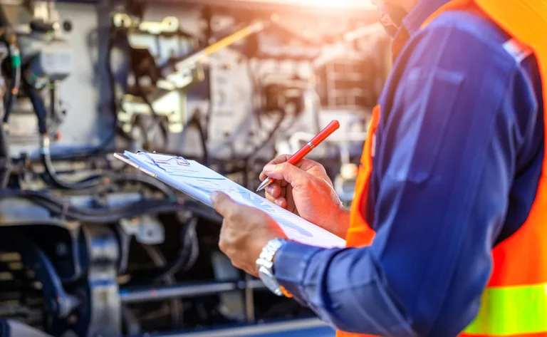 Building Management - planned and preventative maintenance - this image shows an enginner with a clipboard checking off planned maintenance tasks