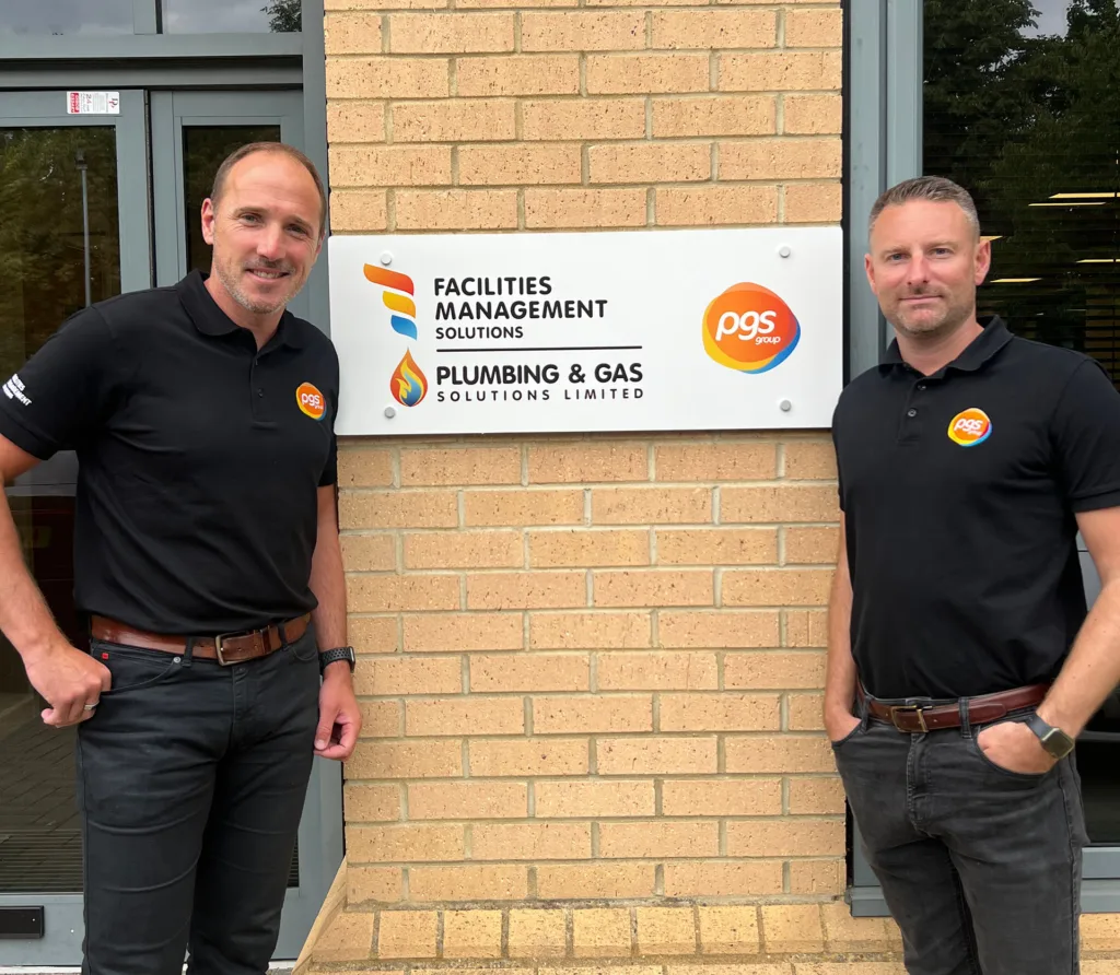 Celebrating the Opening of Our New Office in Knowlhill this picture shows FMS MD Carl Yeomanson and Operations Director Dan Cole outside our new offices in Knowlhill, Milton Keynes