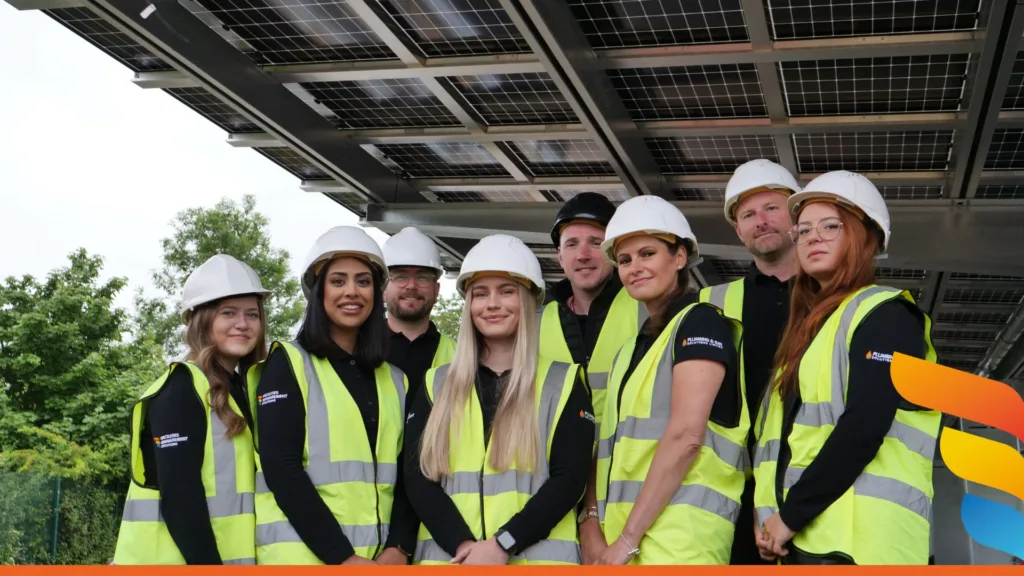 FMS Delivers a Solar Car Park Canopy for Brioche Pasquier, Milton Keynes this image shows the fms team gathered toher under the new solar canopy