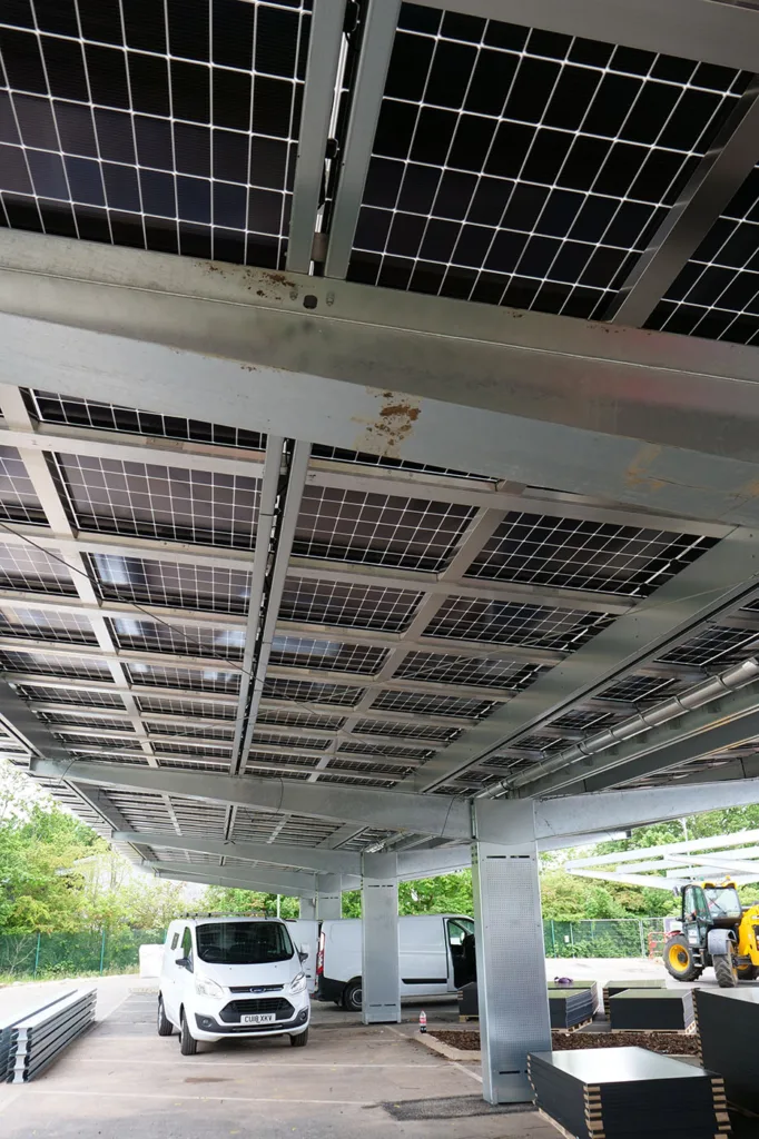 FMS Delivers a Solar Car Park Canopy for Brioche Pasquier, Milton Keynes this image shows the under side of the canopy structure