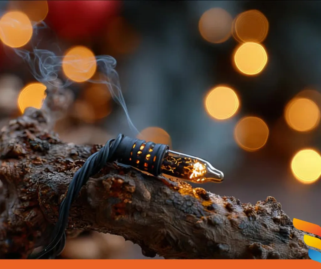 The 12 Hazards of Christmas - Essential Building Safety Tips for Commercial Premises, this image shows a christmas fairy light with smoke tendrils