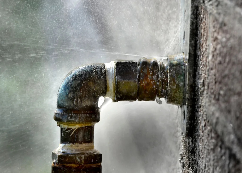 The 12 Hazards of Christmas - Essential Building Safety Tips for Commercial Premises this image shows a burst pipe with water spraying from the burst