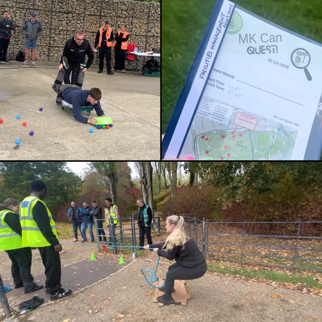 Collage of images from the Facilities Management Solutions Joins the MK Can Challenge including Matt rolling George on a skateboard, Ashley doing tug of war