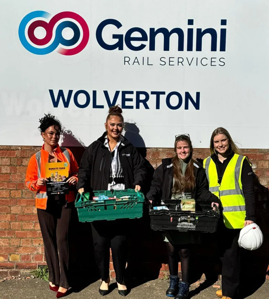 Gemini Rail Services Wolverton team with MK Food Bank donation crates and collected items