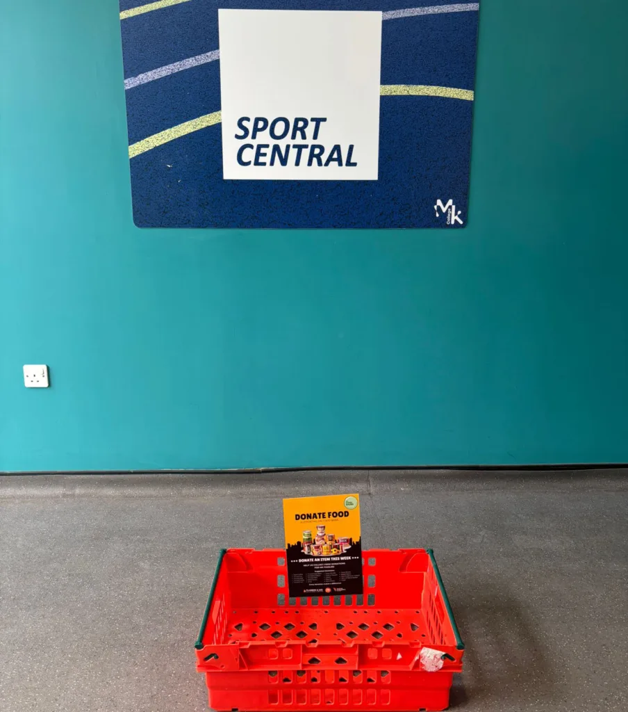 MK College donation crate set up for MK Food Bank collection in student area in Milton Keynes