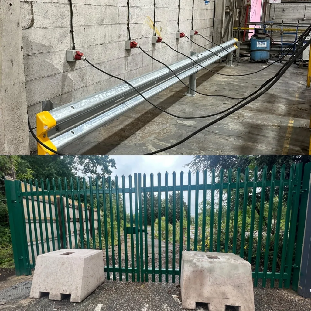 Armco barriers installed for a warehouse for their forklift chargers and palisade fencing