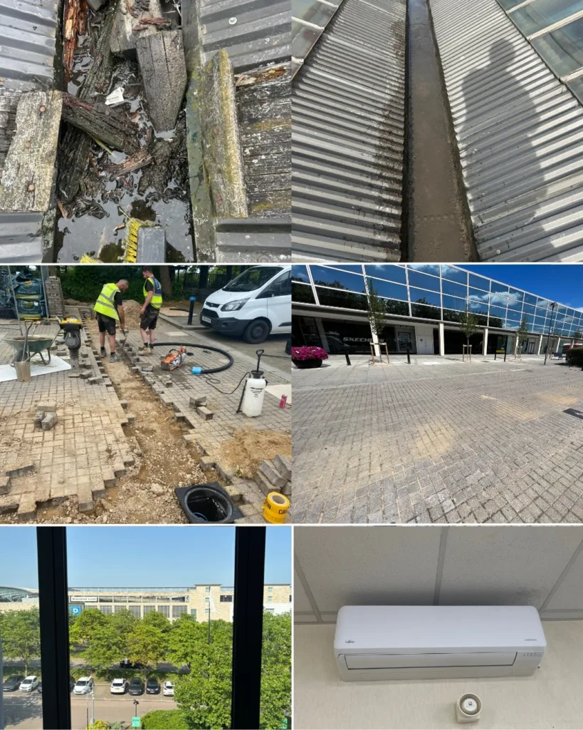 Gutter clean, Trench works, glazed window replacement and air conditioning installation