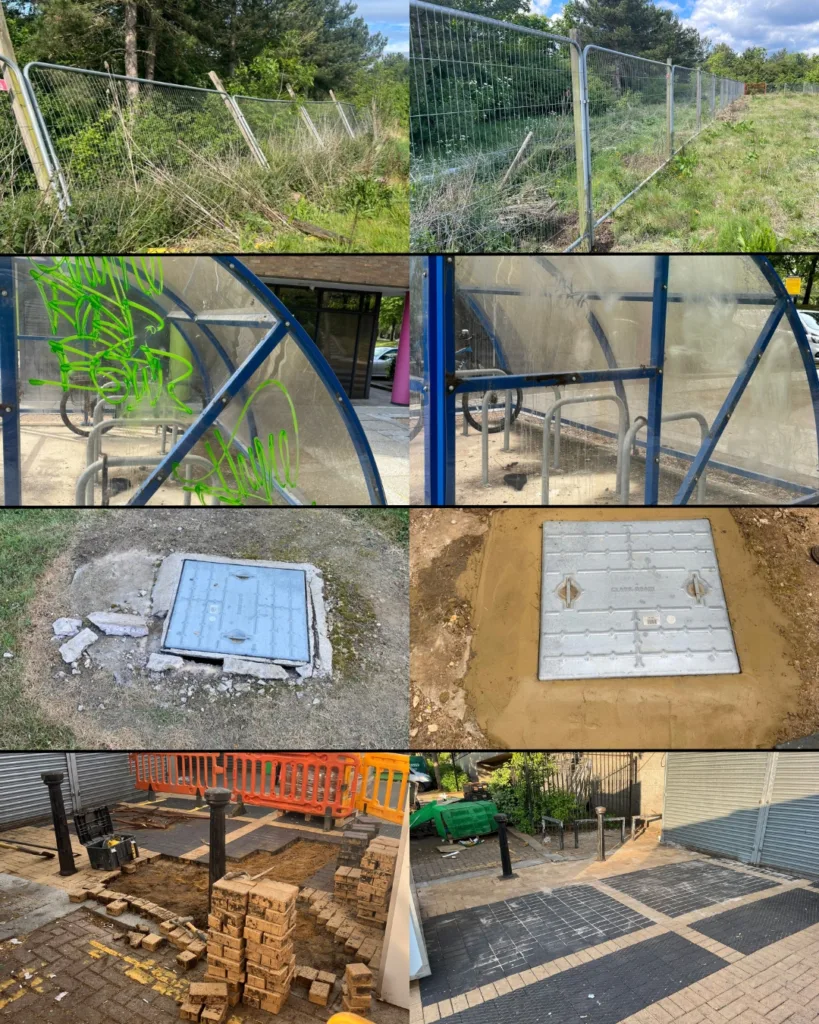 Fence replacement, bike shed clean, manhole cover and block paving repairs