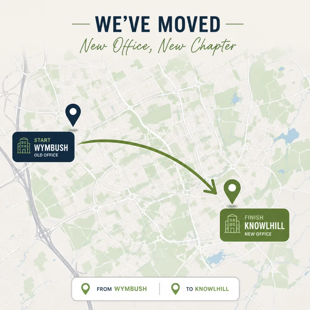 Map showing our old office in Wymbush to our New one in Knowlhill