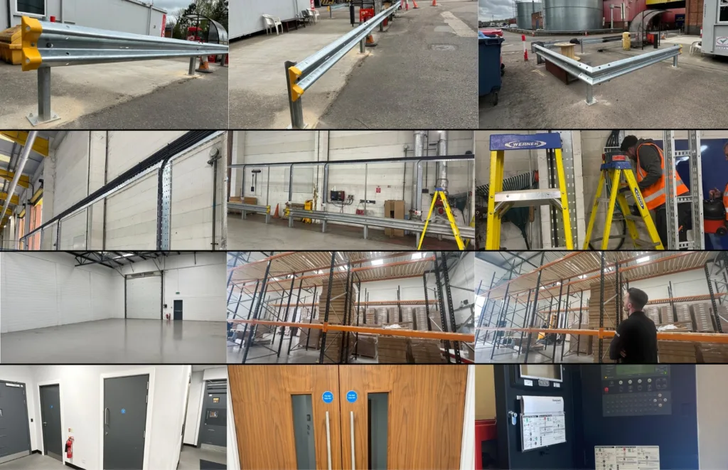 barrier install, forklift charger install, racking install and fire safety systems